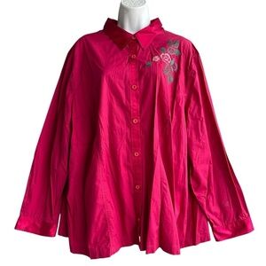 LIZ & ME Floral Button-Up Shirt Plus 2X Hot Pink Tapestry Embroidered Blouse